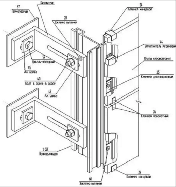 Схема монтажа конструктивных элементов для фасадов из керамогранита.